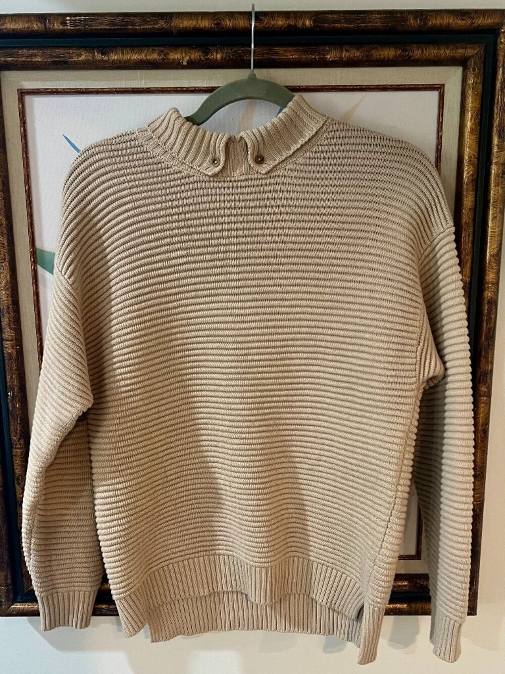 ABLE Beige Ribbed Mock Neck Sweater Women’s XXS Oatmeal Button Collar Knit